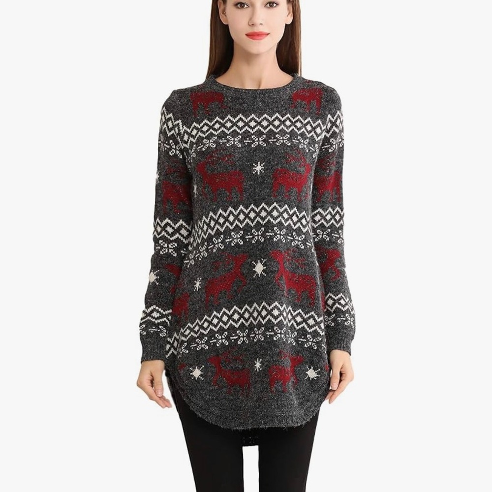 Shineflow Women's Reindeer Snowflake Midi Christmas Pullover Sweater Small EUC